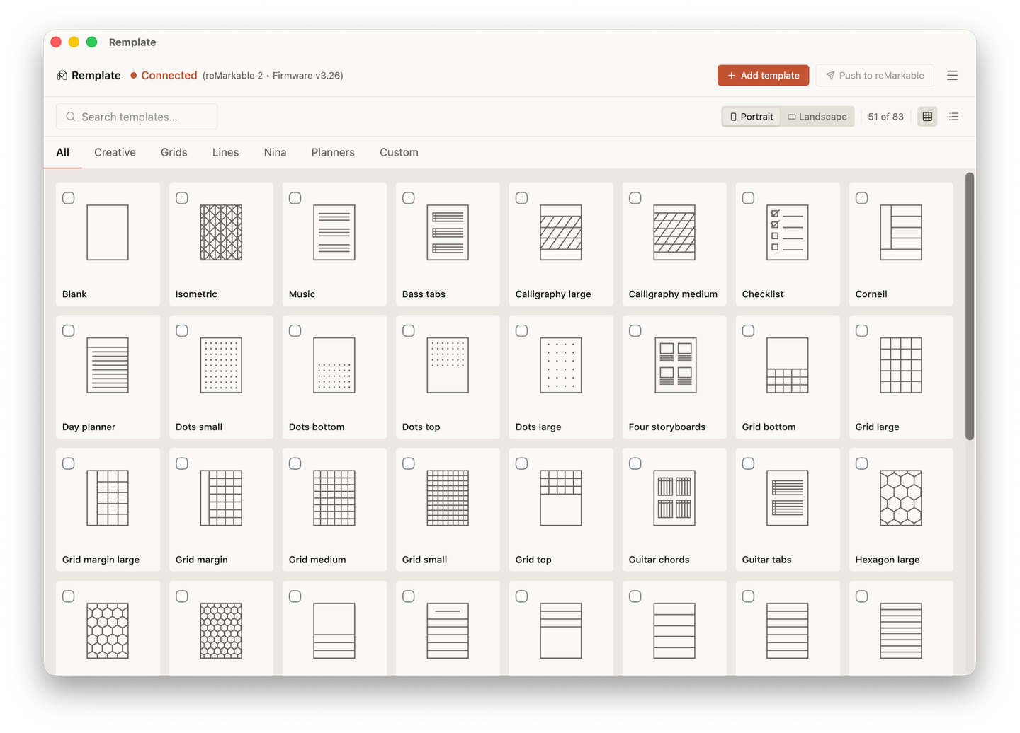 Application Remplate montrant le navigateur de modèles reMarkable